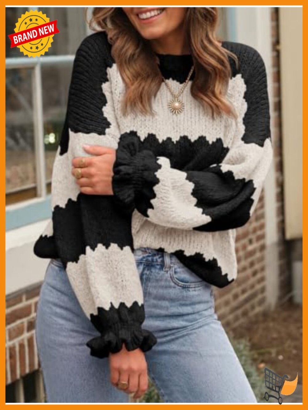 Striped Color Block Ruffle Sleeve Pullover Sweater - Picture 3 of 6